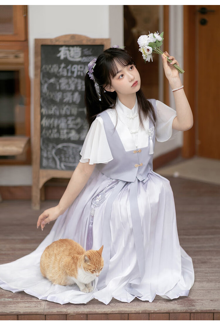 bianyemu汉服连衣裙女改良日常汉元素夏款风荷叶边复古连衣裙两件套