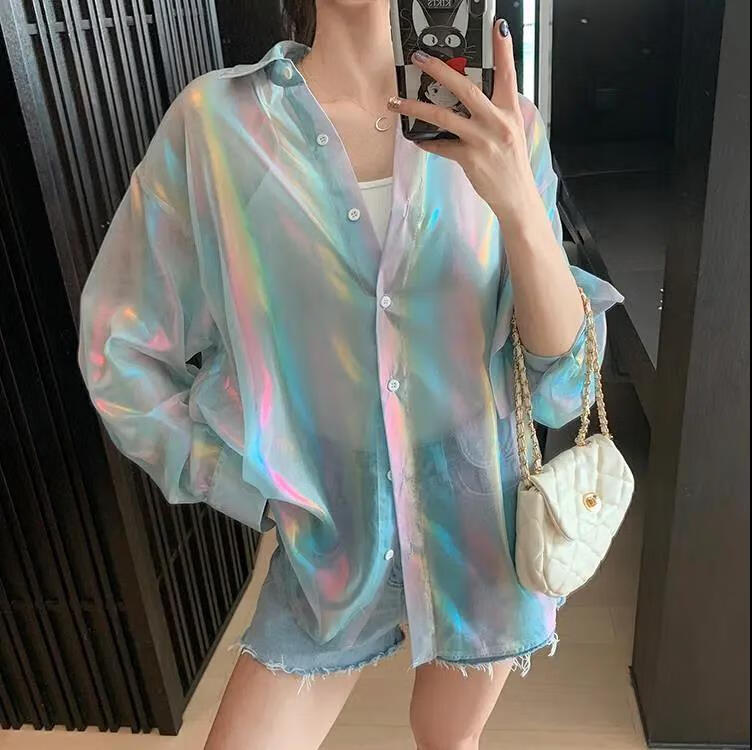 恒佩2021春季人鱼姬闪光衣韩版宽松衬衣女学生百搭显瘦中长款衬衫闪光