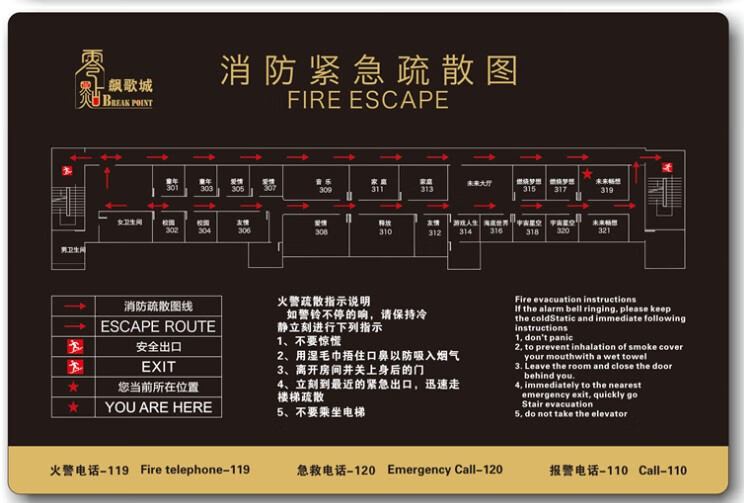 欧羡标牌 宾馆安全疏散提示图安全逃生指示图酒店安全疏散图逃生图