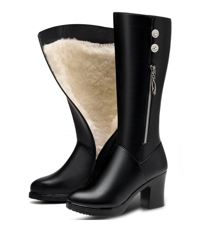 京树 女士半高跟半筒靴粗跟皮鞋款秋冬真眞皮高跟长筒靴加绒加厚时尚