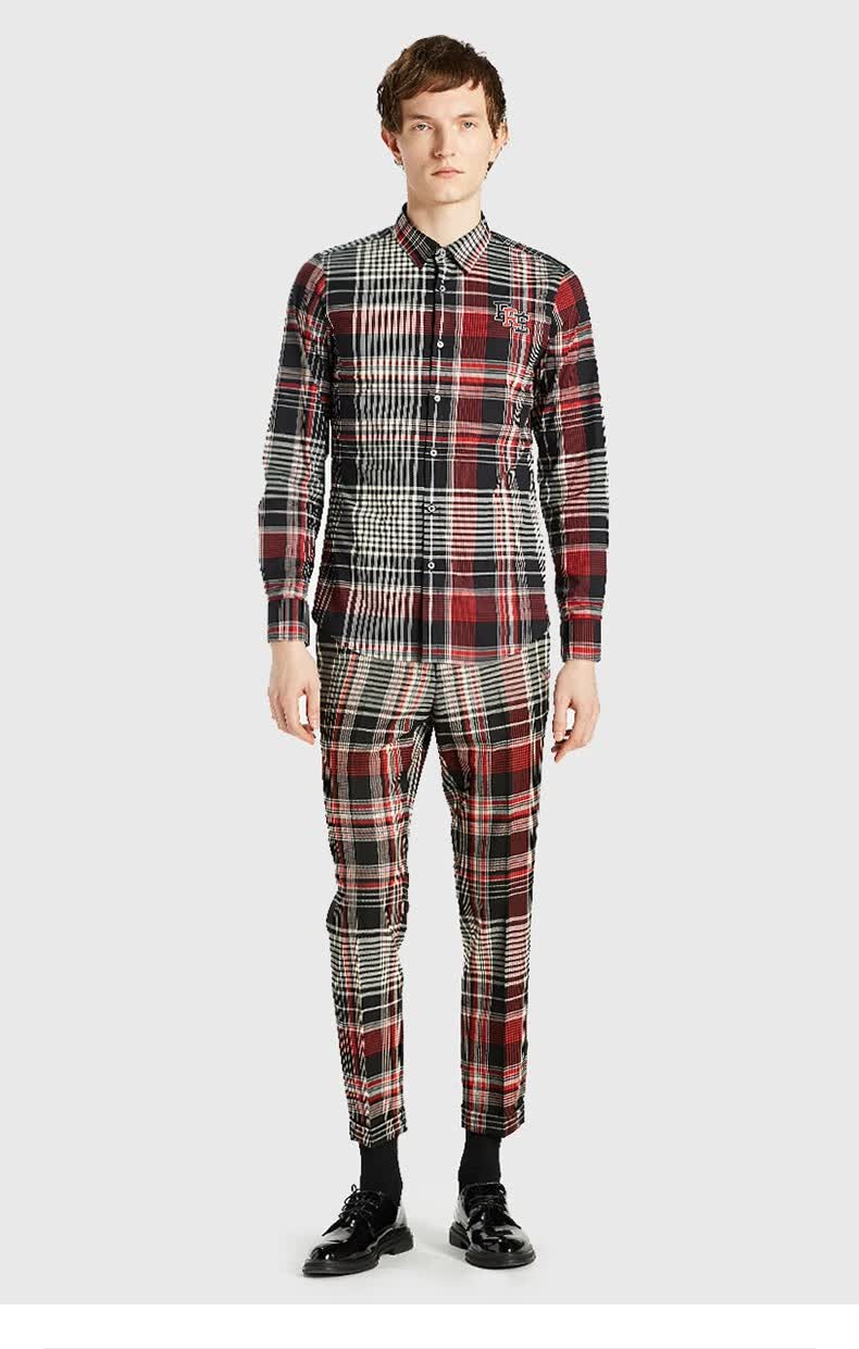 ferre费雷意大利奢侈品男装字母刺绣格子衬衣男士长袖翻领衬衫男修身