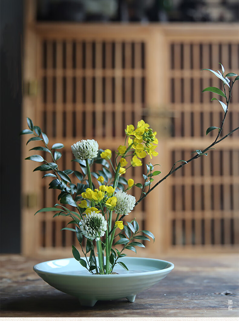纤雅洁剑山插花器中式插花器皿三足盘小禅意陶瓷日式花道花器剑山插花