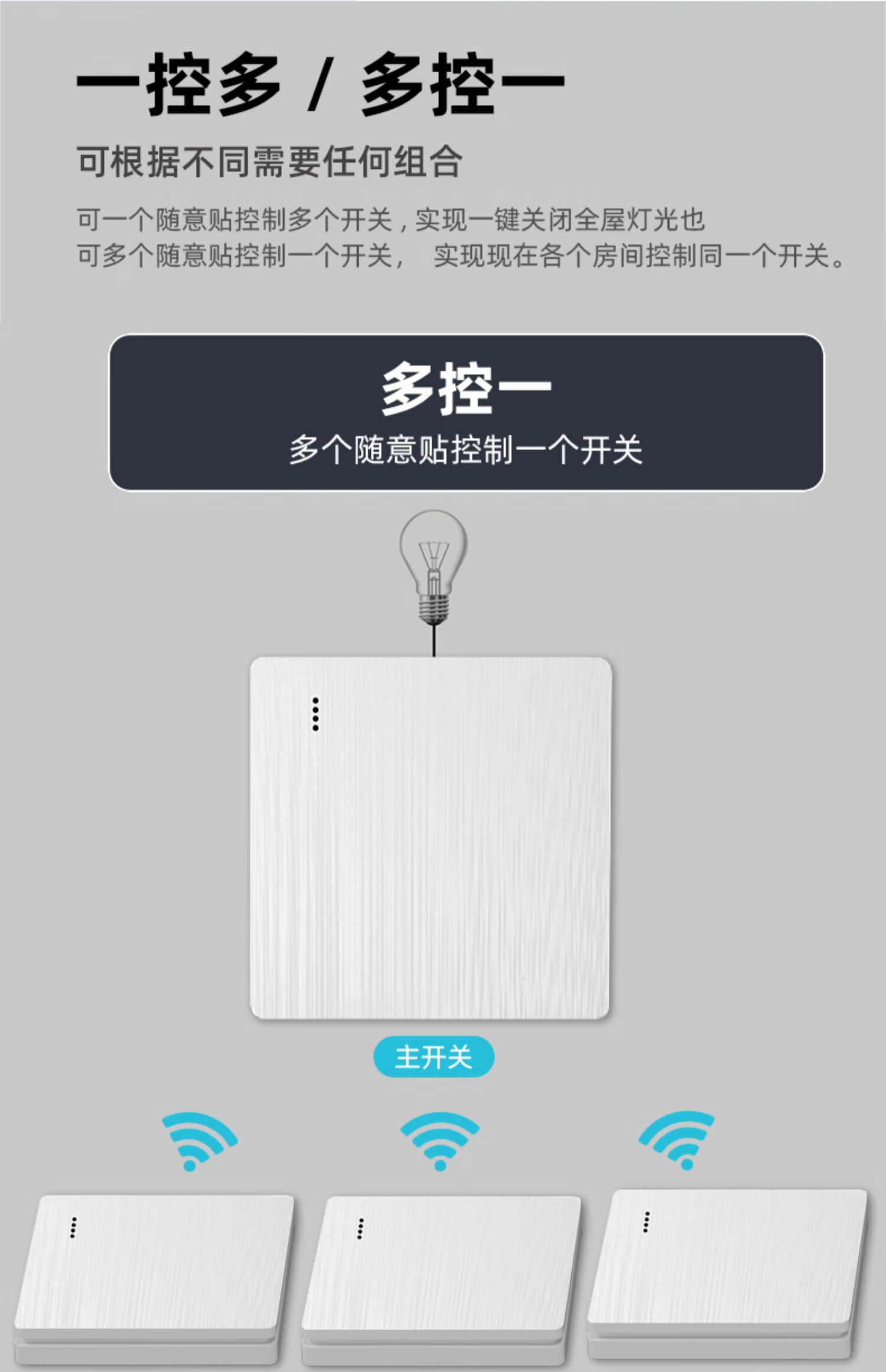 遥控开关无线远程智能控制器220v灯家用双控面板免布线卧室随意贴白色