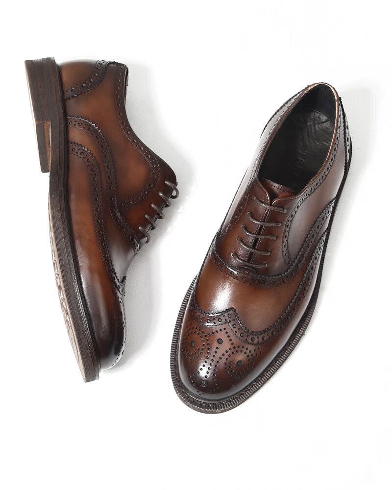 特伦德男士复古商务休闲皮鞋真皮通勤圆头皮鞋厚底布洛克雕花男鞋英伦