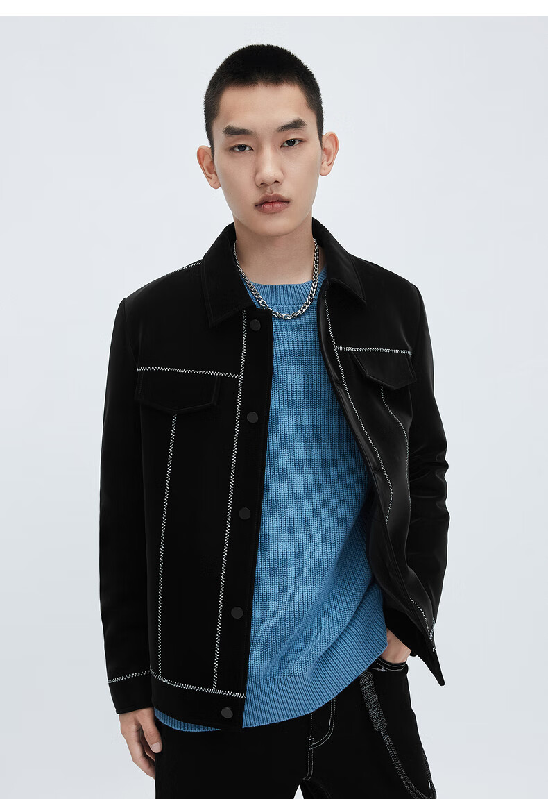 gxg男装【斯文系列】21年秋季新款黑色翻领皮衣外套 黑色 175/l