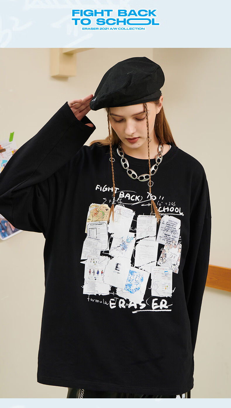 er笑脸数学公式印花t恤2021新款休闲嘻哈街头涂鸦国潮长袖男女同款秋