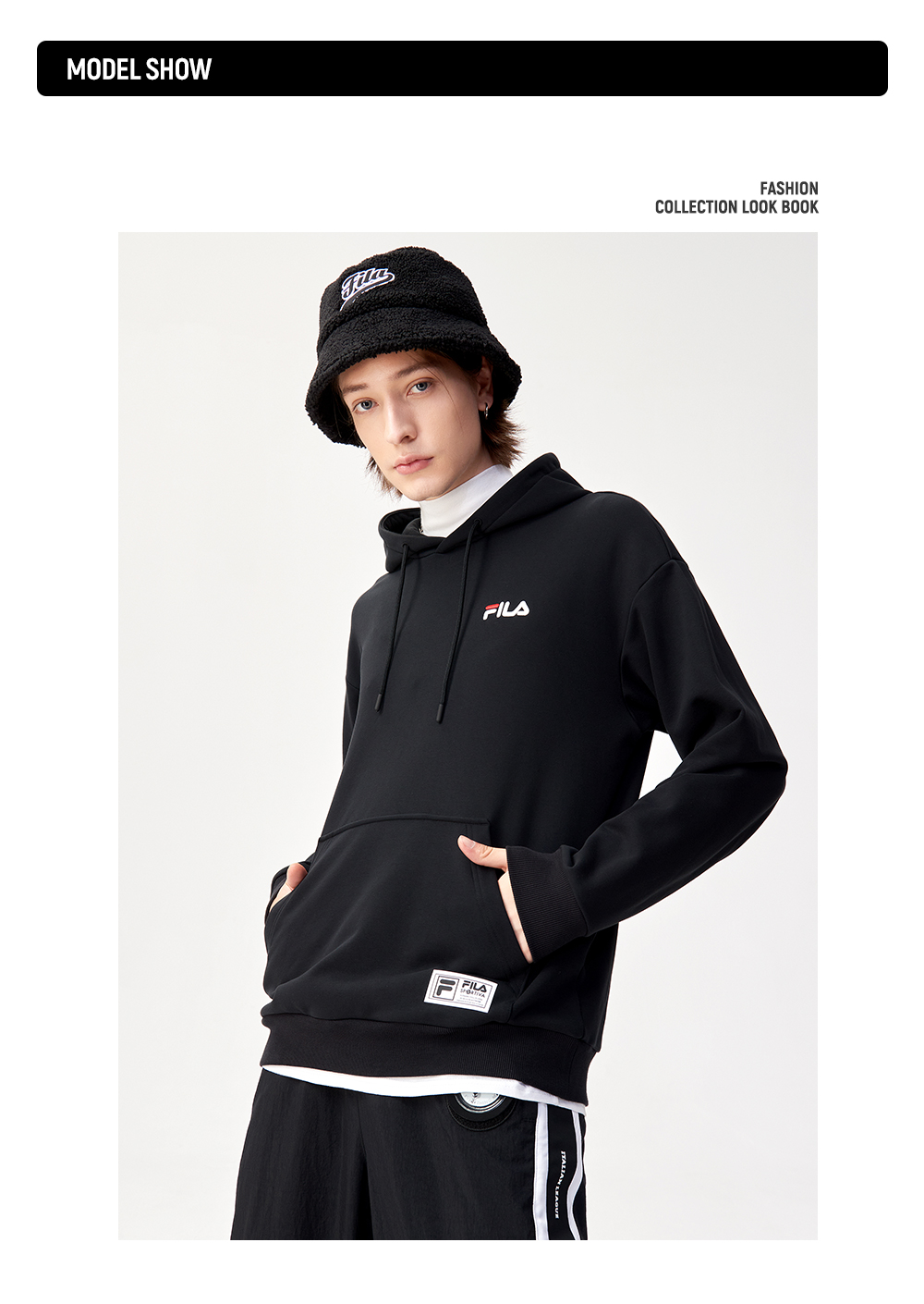 filafusion斐乐潮牌2021冬季新品个性印花宽松运动连帽衫卫衣男深黑bk