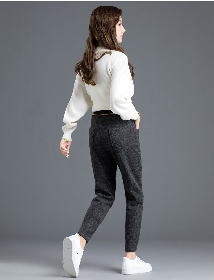 休闲裤毛线咖色针织裤女秋冬运动外穿加厚加绒女裤哈伦裤毛呢裤子ym07