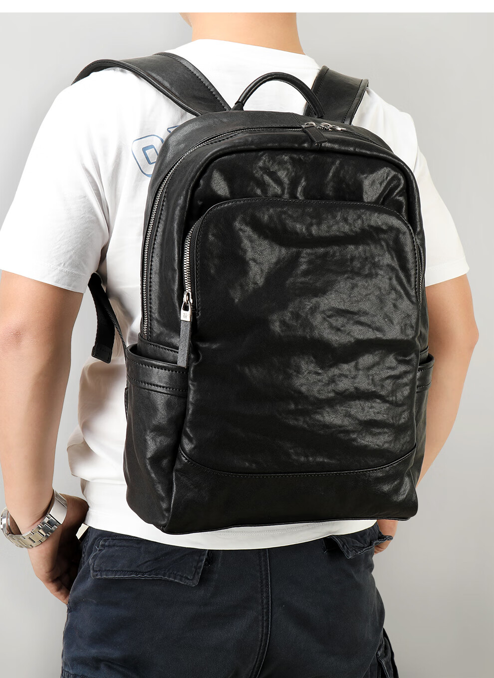 希特丹尼真皮双肩包男士商务休闲男包潮流时尚14英寸电脑背包黑色