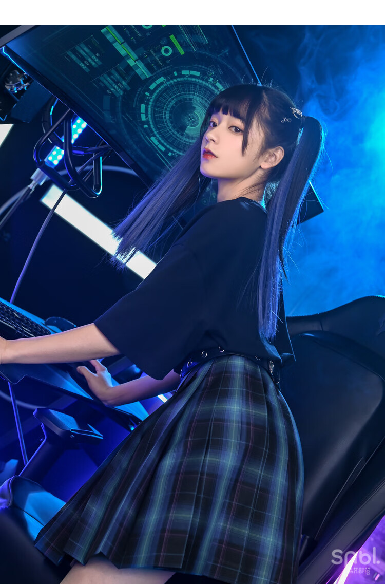 原创森女部落虚拟现实正统jk格裙甜辣风深色科技感硬妹高腰半身裙虚拟