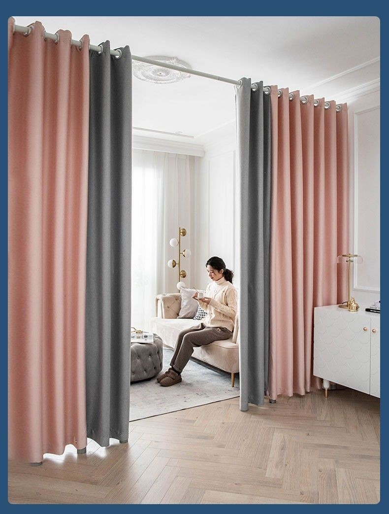 免打孔弹簧杆帘子茉布透隔断帘免打孔门帘挡空调风遮光门帘子伸缩杆