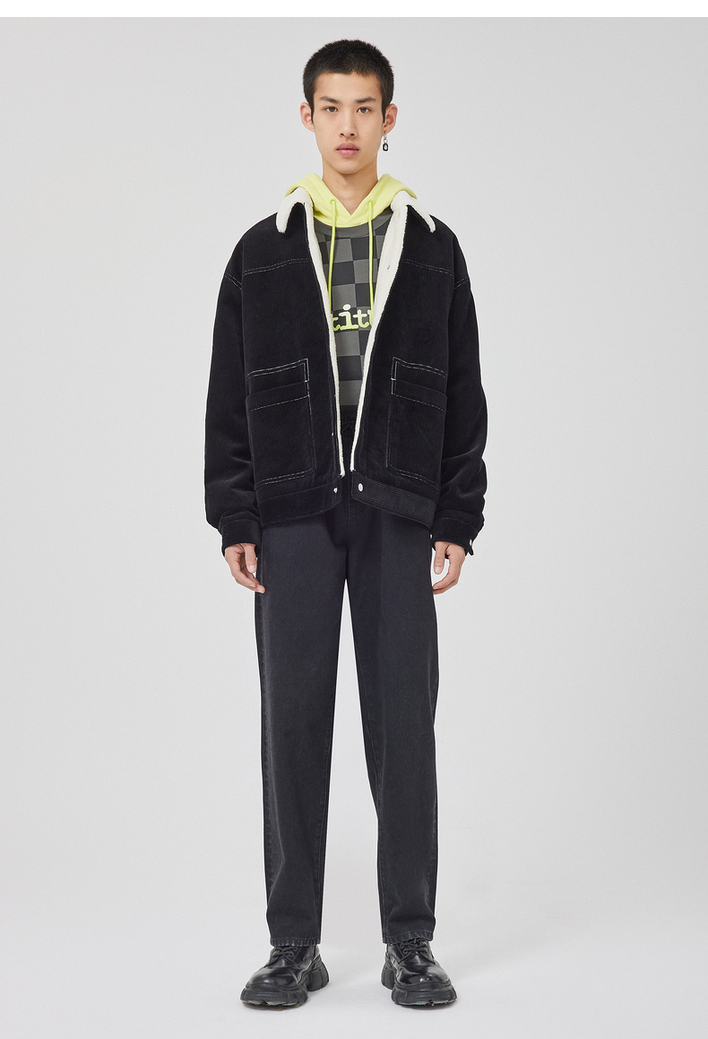 【卡宾3214135022】cabbeen/卡宾男装灯芯绒外套秋薄搭拼接羊羔绒h 煤