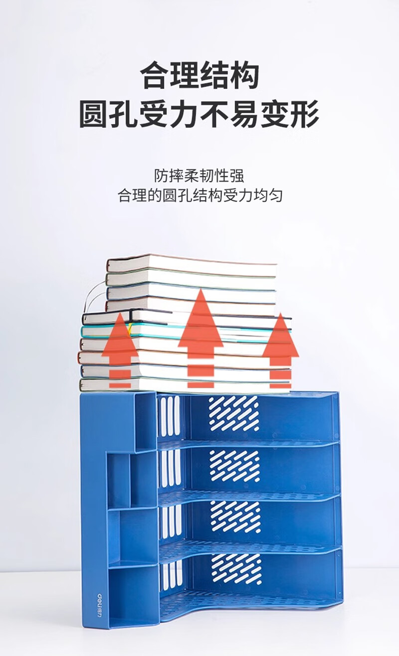 得力文件框加厚文件收纳盒文件架收纳书架文件架桌面书立架办公桌置物架资料夹档案架文件栏办公室用品 DL032-78981蓝色经典款【四联自带笔筒】 商品详情图 3