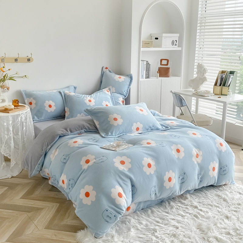 小清新床上冬季四件套珊瑚绒床单牛奶绒床品双面绒毛被套冬天被罩棉花