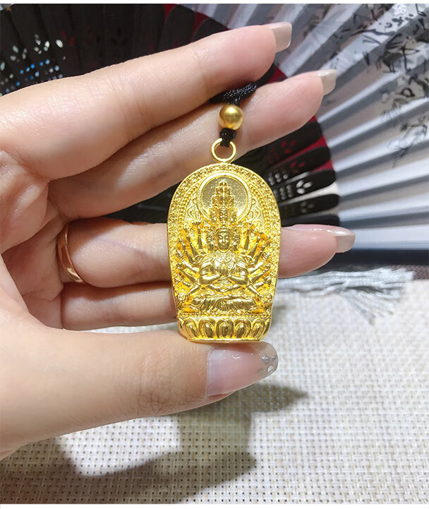 宫之瑄 黄金千手观音吊坠本命佛守护神古法金挂坠男足金坠子挂绳黑绳