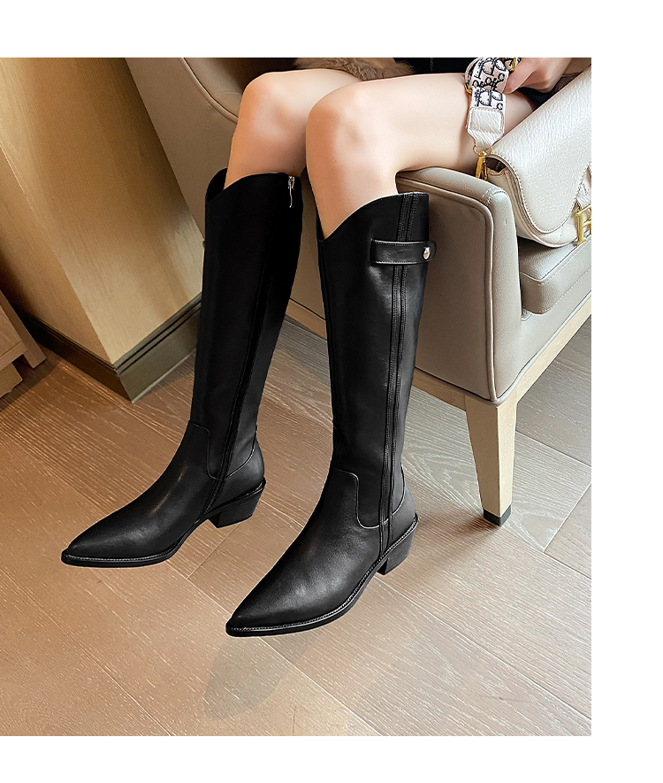 条纹色拼接皮带扣装饰时尚百搭女靴子英伦风街头女士皮靴米白色绒里34