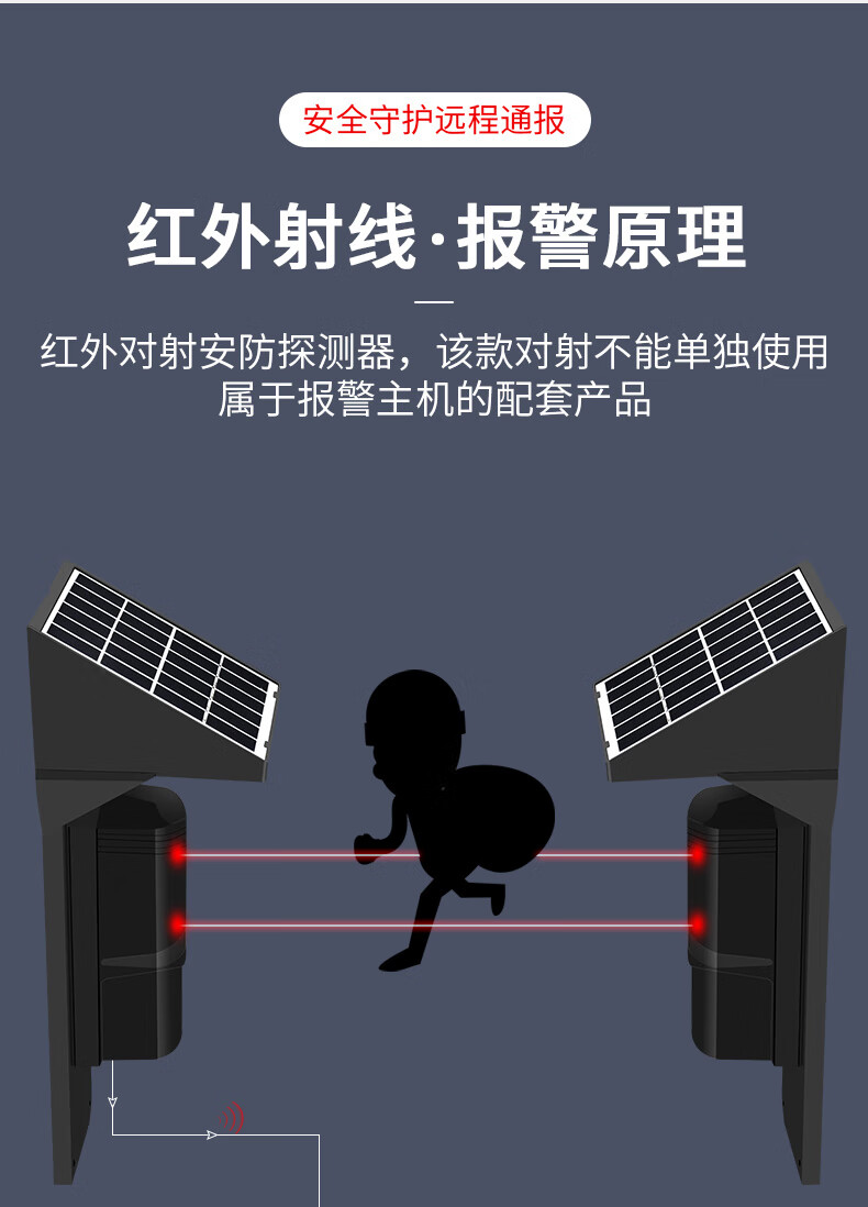 金盛安红外对射探测器太阳能光栅户外防盗2光束100米无线对射报警器l