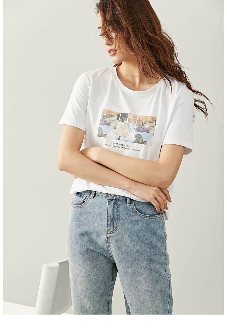 三防印花正肩短袖t恤女显瘦紫淑2021年夏季新款宽松棉质白色上衣三防