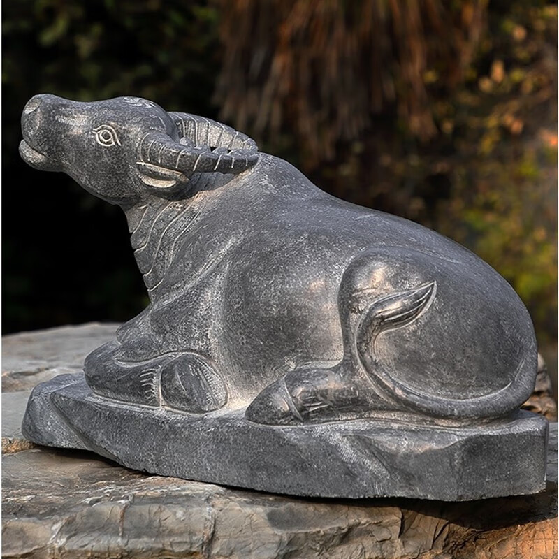 奥琅石苑石雕水牛摆件石头卧牛青石生肖招财装饰圆雕家居客厅摆件旺