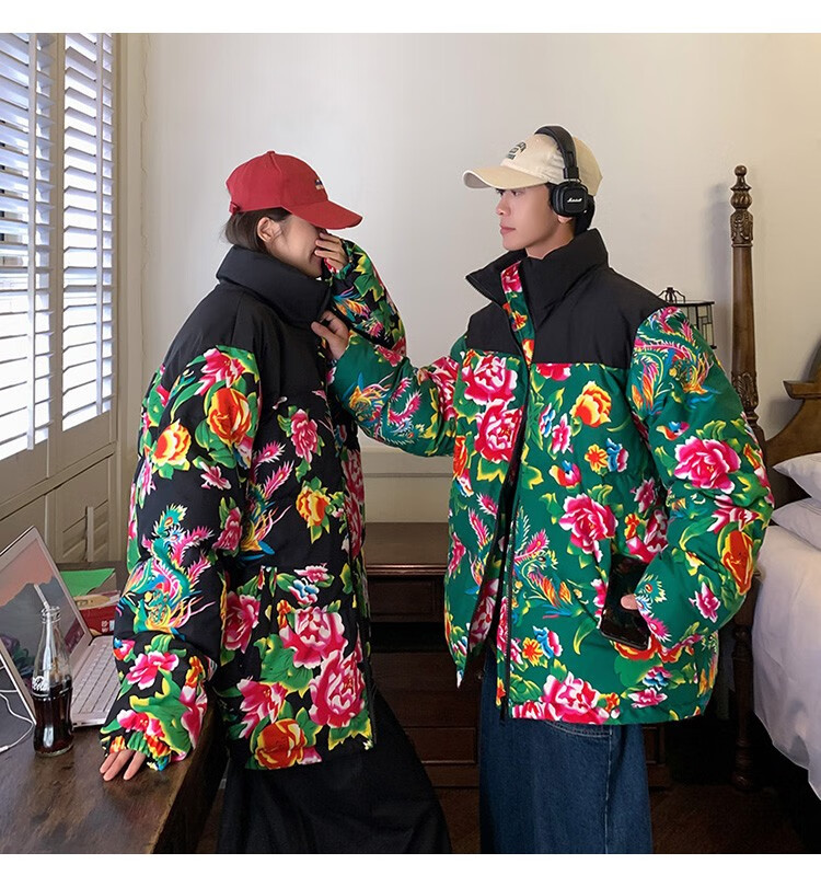 情侣装棉衣国潮东北大花棉袄冬季加厚网红棉服民族面包服外套潮 绿色