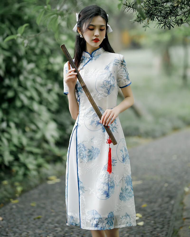 中国风青花瓷旗袍长款20夏短款年轻立领日常丝绸长款连衣裙显瘦女装