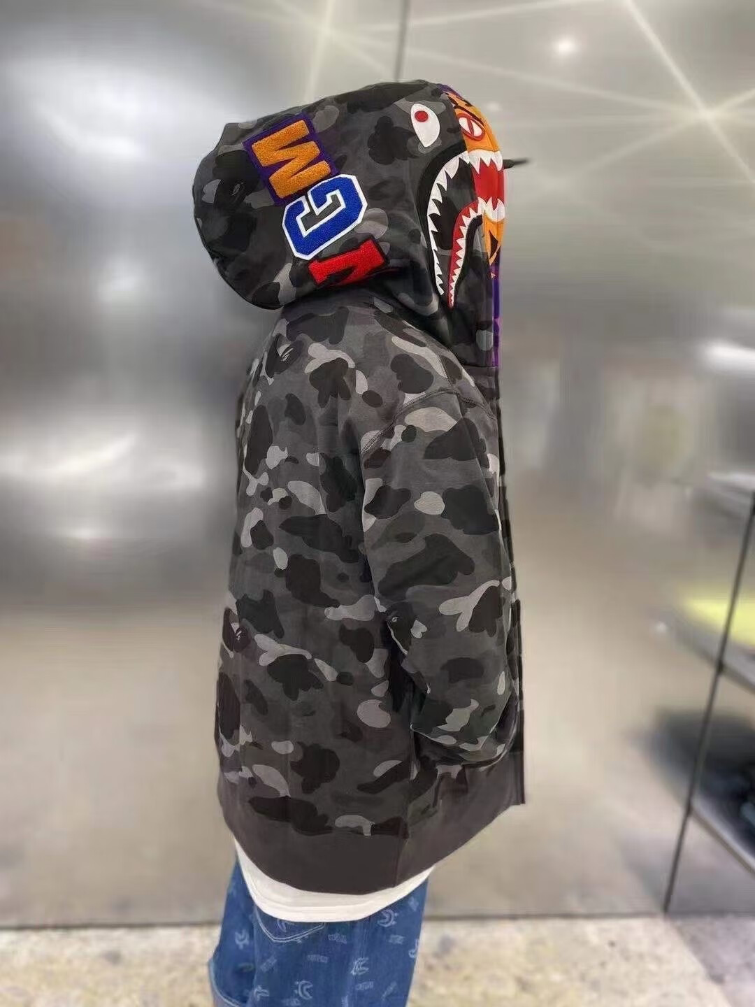 诗狂 日本潮牌bape迷彩鲨鱼老虎头双帽卫衣男冬季加绒开衫拉链连帽