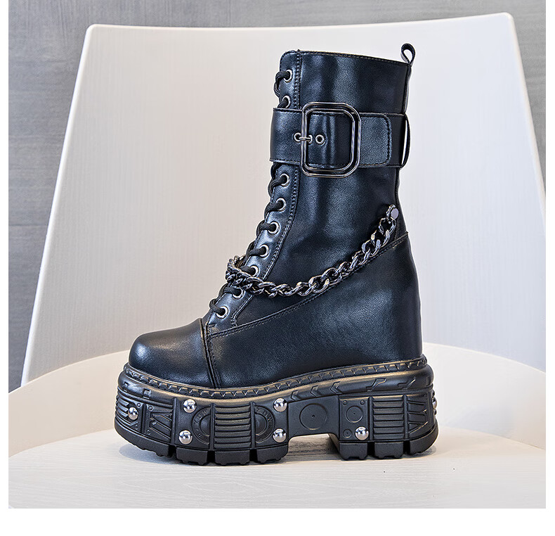 沃瑞特 超高跟中筒靴女欧洲站2021秋冬新款厚底内增高牛皮黑色马丁小