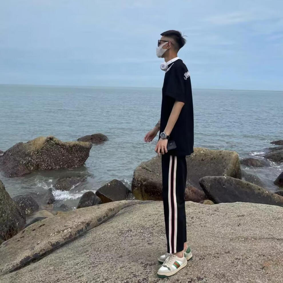 商场同款pauzto快手网红陈七七同款红白织带九分裤社会精神小伙休闲