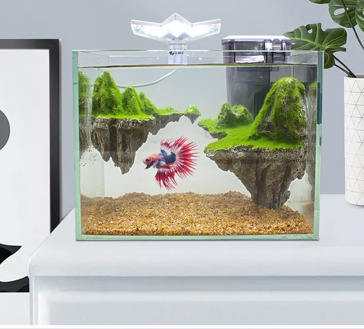 鱼缸大悬浮石 天空之城造景小型白玻璃桌面鱼缸客厅家用悬浮石头生态