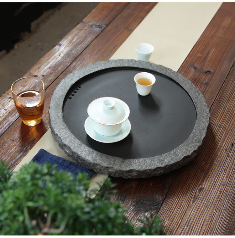 整块石茶盘圆形乌金石茶台办公排水石盘功夫茶具茶台定制尺寸logo定制