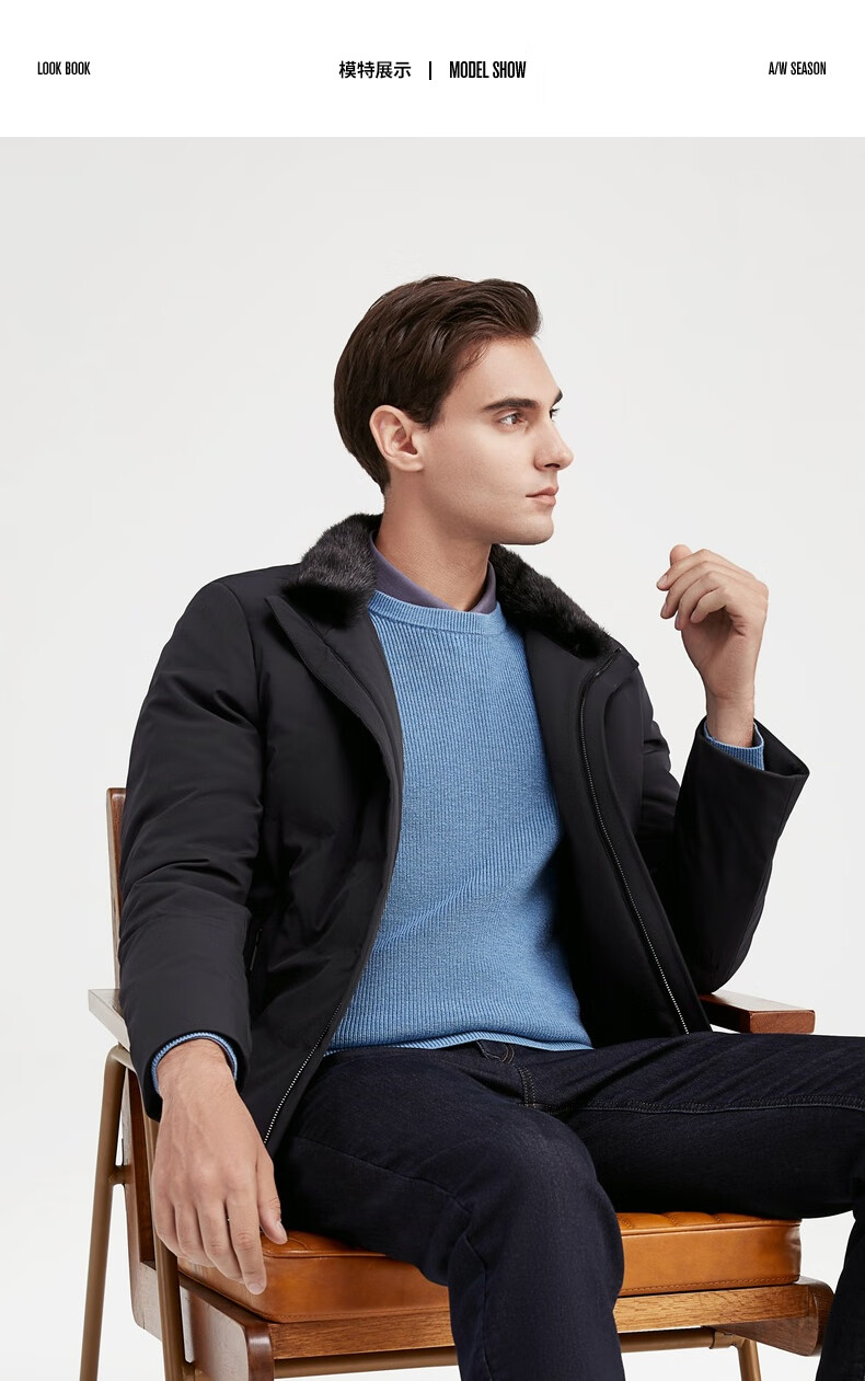 q尼克服柒牌男装长袖立领外套商务青年可拆卸内胆羽绒皮草大衣121jj