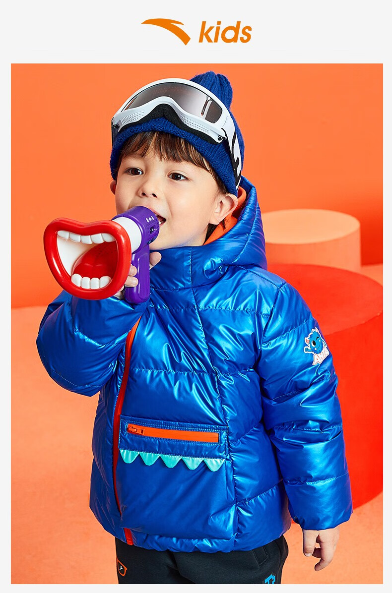 安踏儿童装男童羽绒服2021年秋季加厚保暖儿童羽绒服外套纯色连帽棉袄