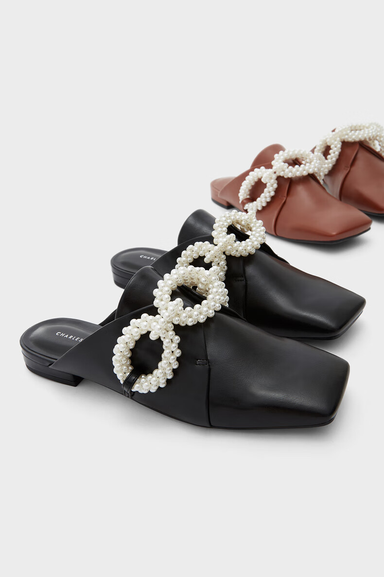 charleskeith早春新品ck170580160女士油画珍珠饰方头穆勒鞋cognac