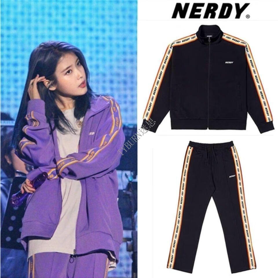 韩国潮牌nerdy字母串标运动服男女情侣宽松紫色iu同款外套装 黑色一套