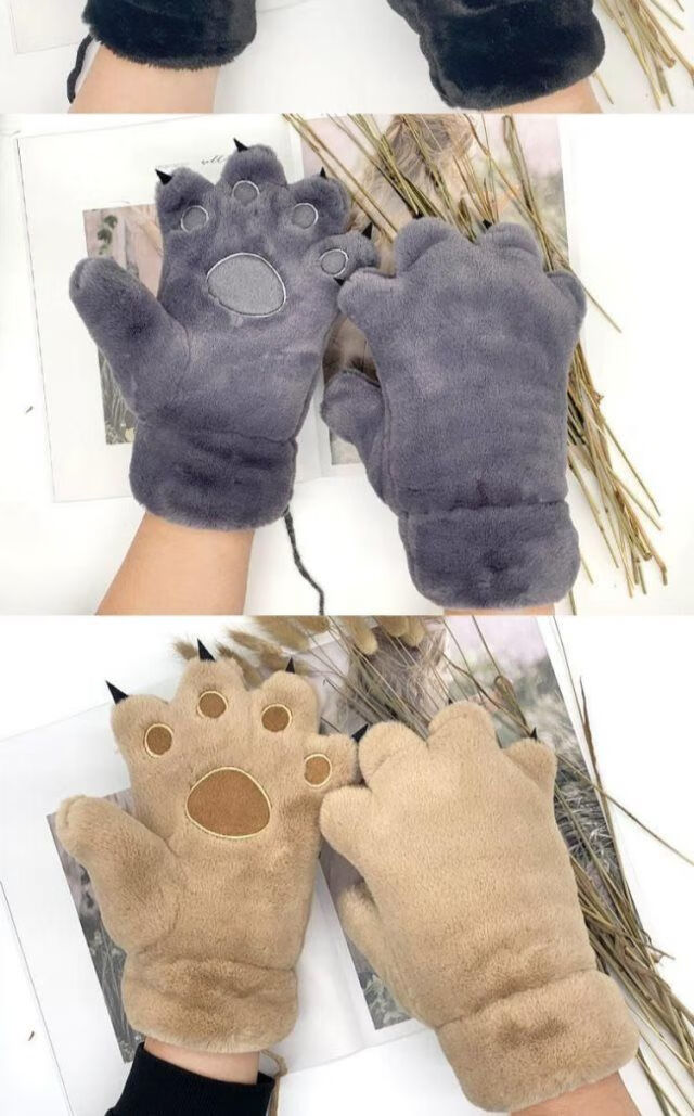 猫爪手套绒质冬儿童熊爪手套男女亲子款可爱毛绒保暖兽爪加厚学生hw