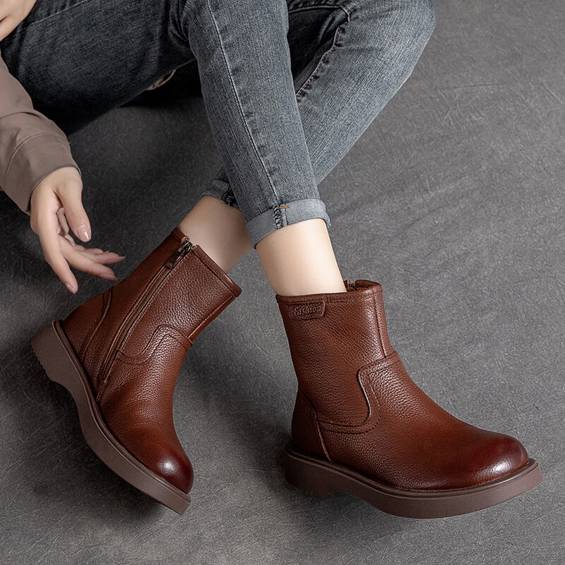 2021秋冬新款烟筒靴子牛皮低跟女靴欧美短筒靴侧拉链中年软底皮靴
