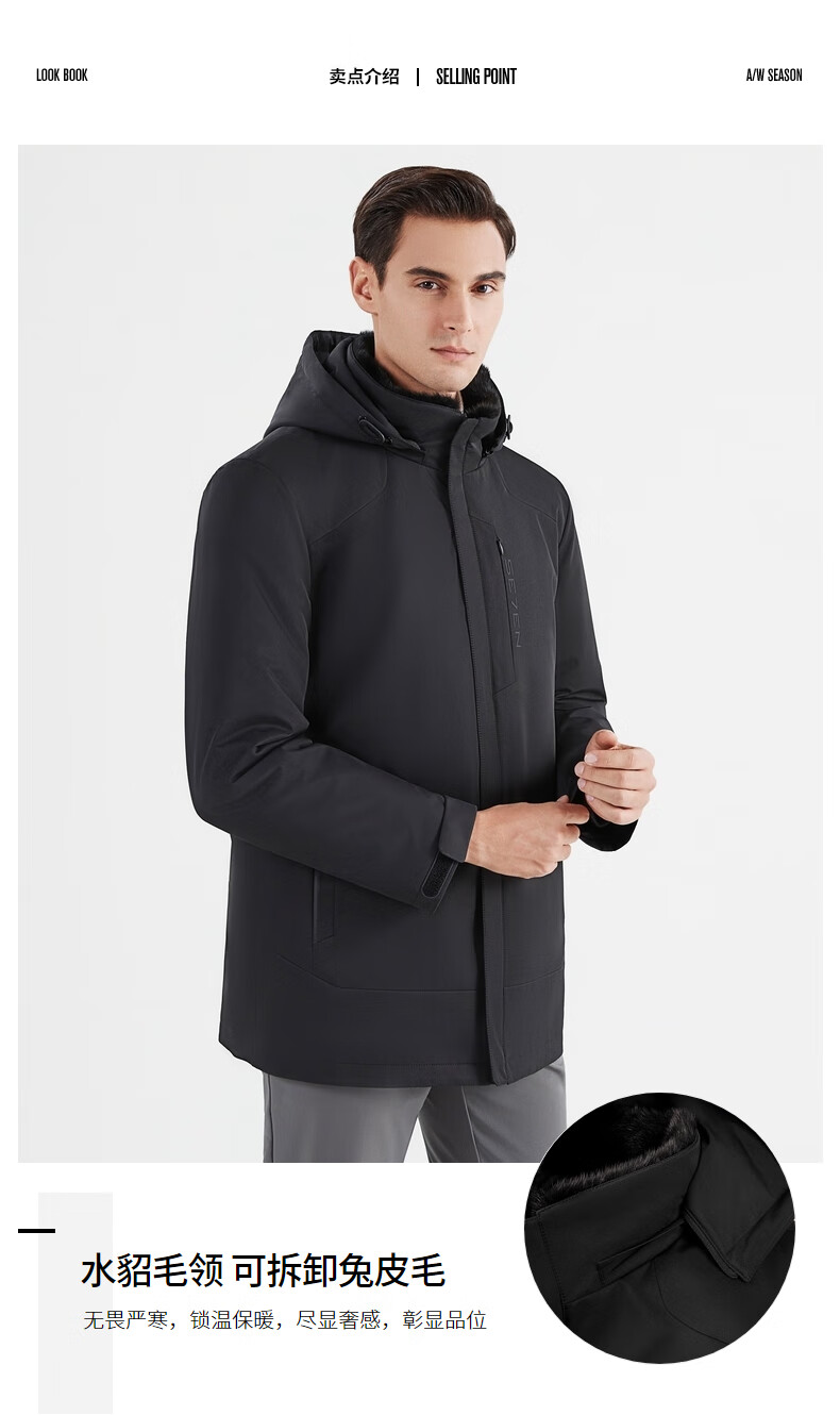 尼克服柒牌男款长袖外套2021冬季可拆卸帽领黑色厚款皮草大衣黑色180
