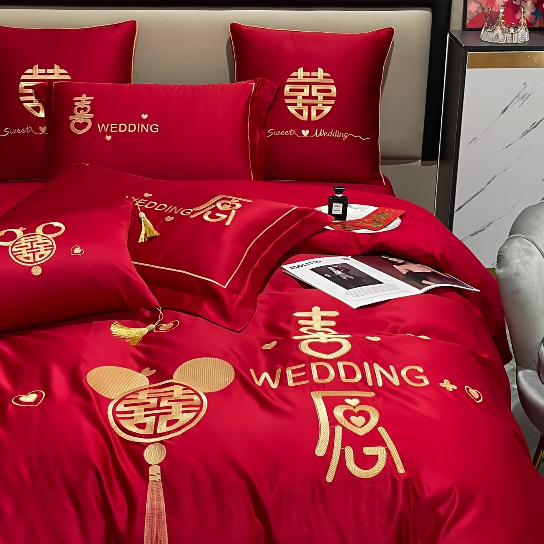 高端结婚庆四件套大红床上用品纯棉全棉简约刺绣新婚房嫁喜被套笠甜蜜