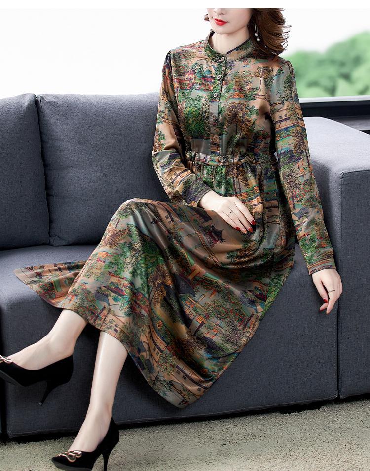 春秋连衣裙女长袖仿香云纱连衣裙女长袖装重磅仿桑蚕丝印花收腰裙子8