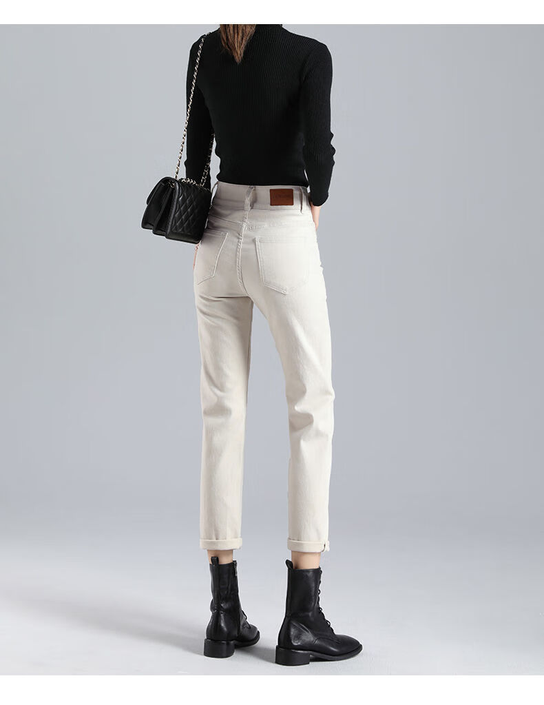 索宛亦米白色牛仔裤女直筒宽松2021新款春秋高腰显瘦百搭九分烟管裤子