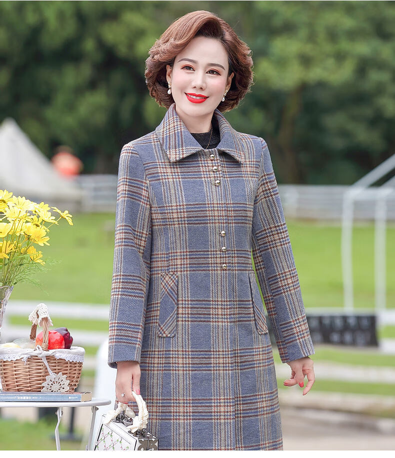 妈妈春装外套新款中老年女装4050中年妇女春秋风衣中长款毛呢潮灰色xl