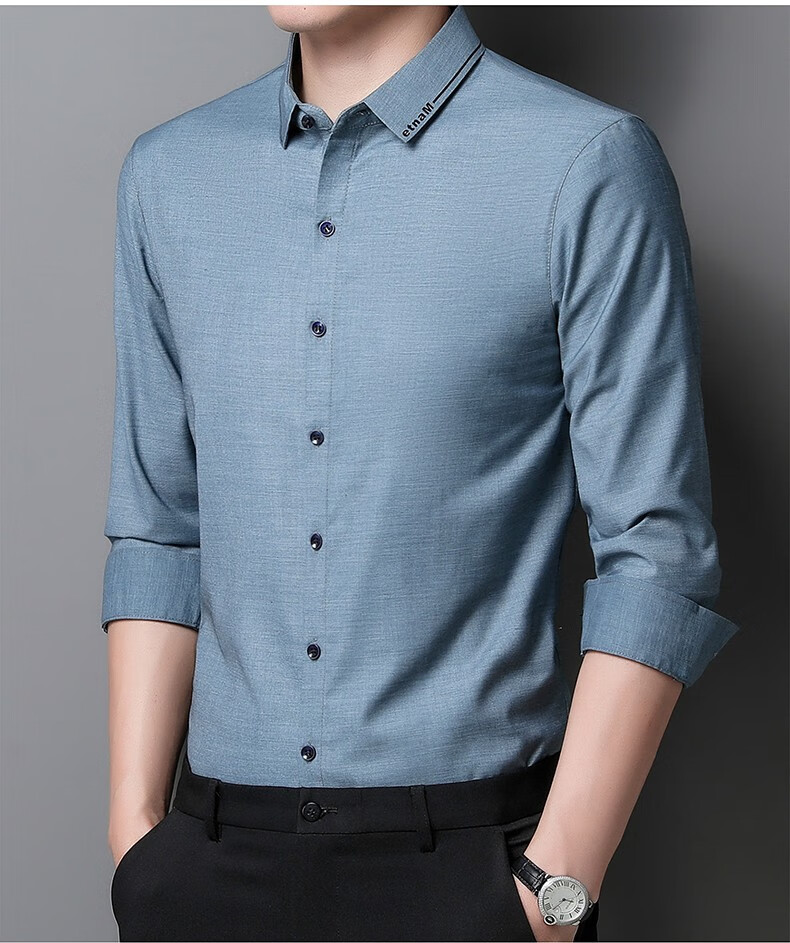 阿堡尼秋季中青年男士冰丝长袖衬衫爸爸秋装纯色衬衣 蓝色 165/m
