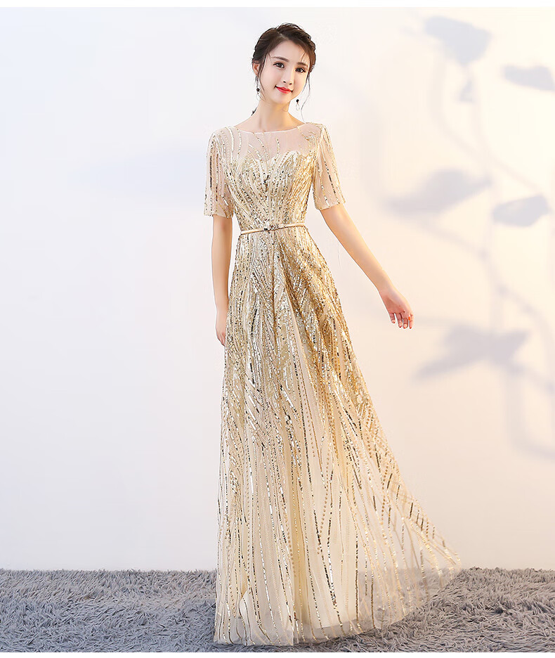 zhouyibo宴会晚礼服女新款长裙亮片金色敬酒主持人司仪大合唱演出服装