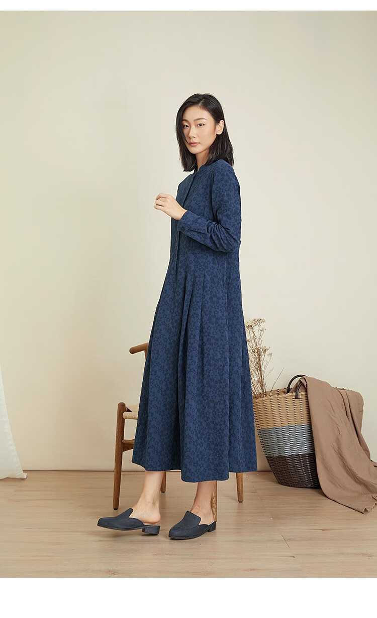 qtu原创设计女装棉麻提花立领长袖连衣裙早秋显瘦气质长裙l2980宝蓝色