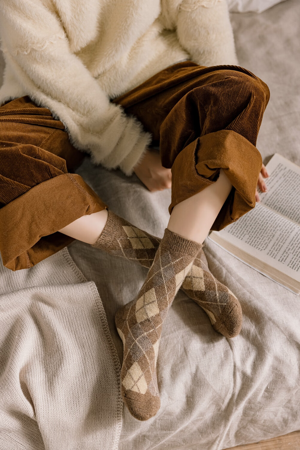 姿秀可豹纹袜子女袜潮冬天加厚堆堆袜日系菱形驼色长袜女羊毛豹纹菱形