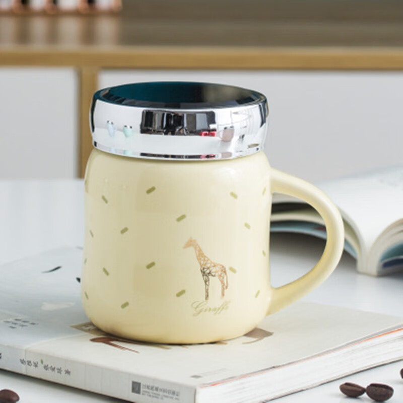 温妤盆栽拧盖杯陶瓷杯卡通创意镜面盖马克杯牛奶杯学生早餐杯水杯粉色