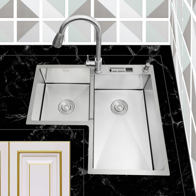 煊缤转角水槽德国水槽加厚带刀架转角拐角盆直角手工双槽商用洗菜盆池