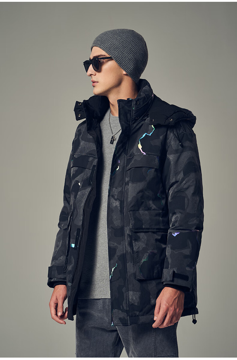 英爵伦中长款羽绒服男2021冬季新款迷彩加厚工装外套冬装保暖大衣黑色
