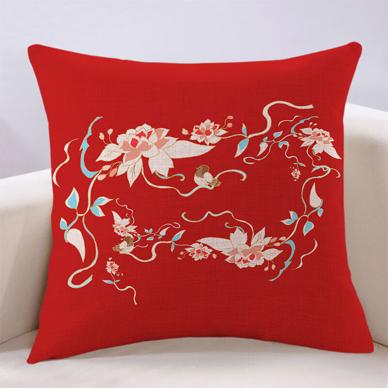 万燊古风汉服创意国潮抱枕花鸟图案亚麻沙发靠垫现代卧室飘窗床上靠背