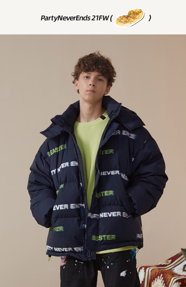 beaster小恶魔鬼脸字母满印羽绒服潮牌保暖白鸭绒连帽冬季外套男深